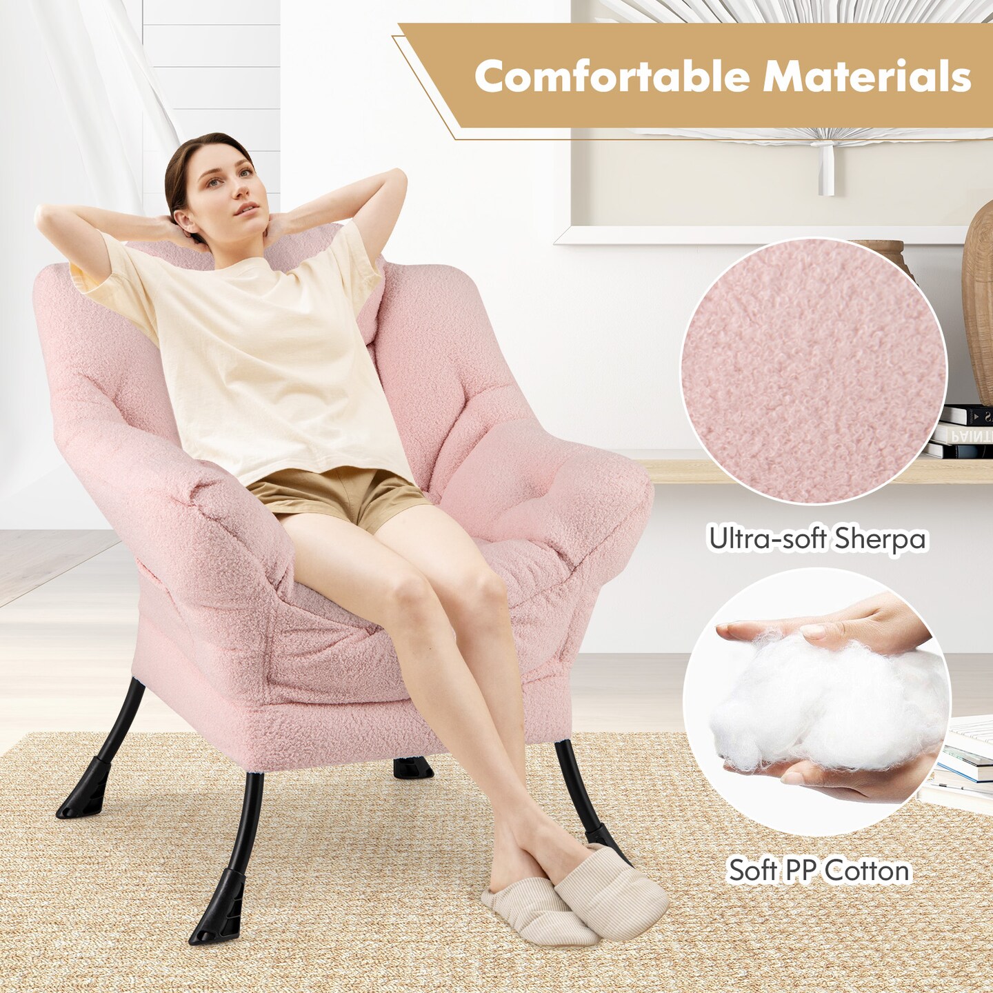 Comfy Sherpa Accent Chair with Head Pillow for Living Room or Bedroom