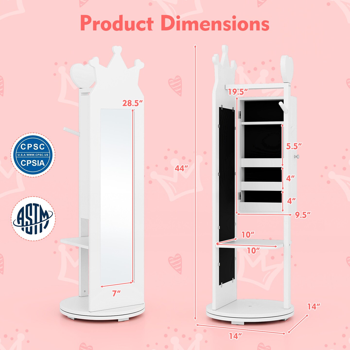 Free-Standing Full Length Mirror Kids Jewelry Armoire Cabinet - 14&#x22; L x 14&#x22; W x 44&#x22; H