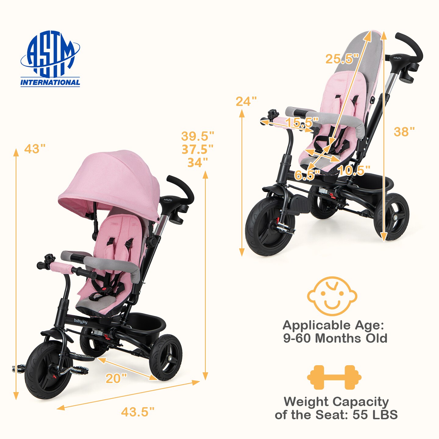 4-in-1 Baby Tricycle Toddler Trike with Reversible Seat and 5-Point Safety Harness