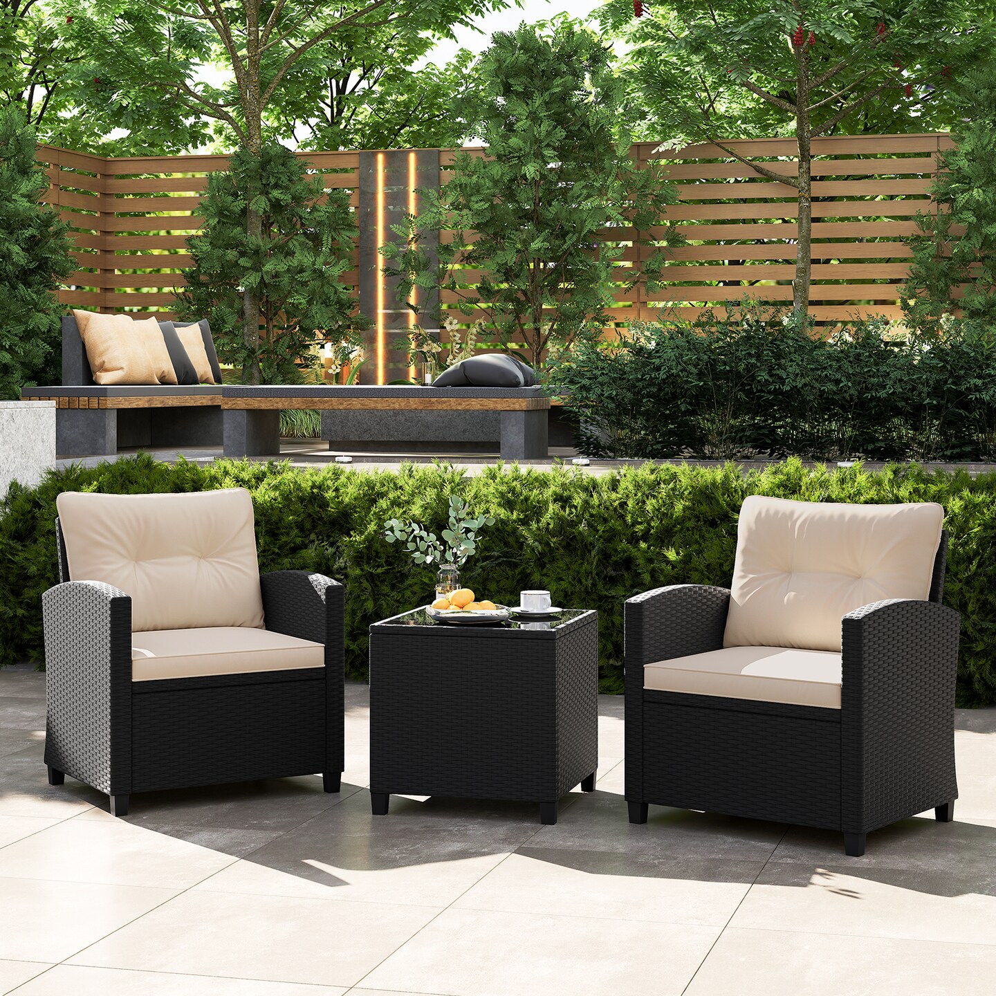 3-Piece PE Rattan Outdoor Furniture Set with Tempered Glass Table and Cushioned Armchairs