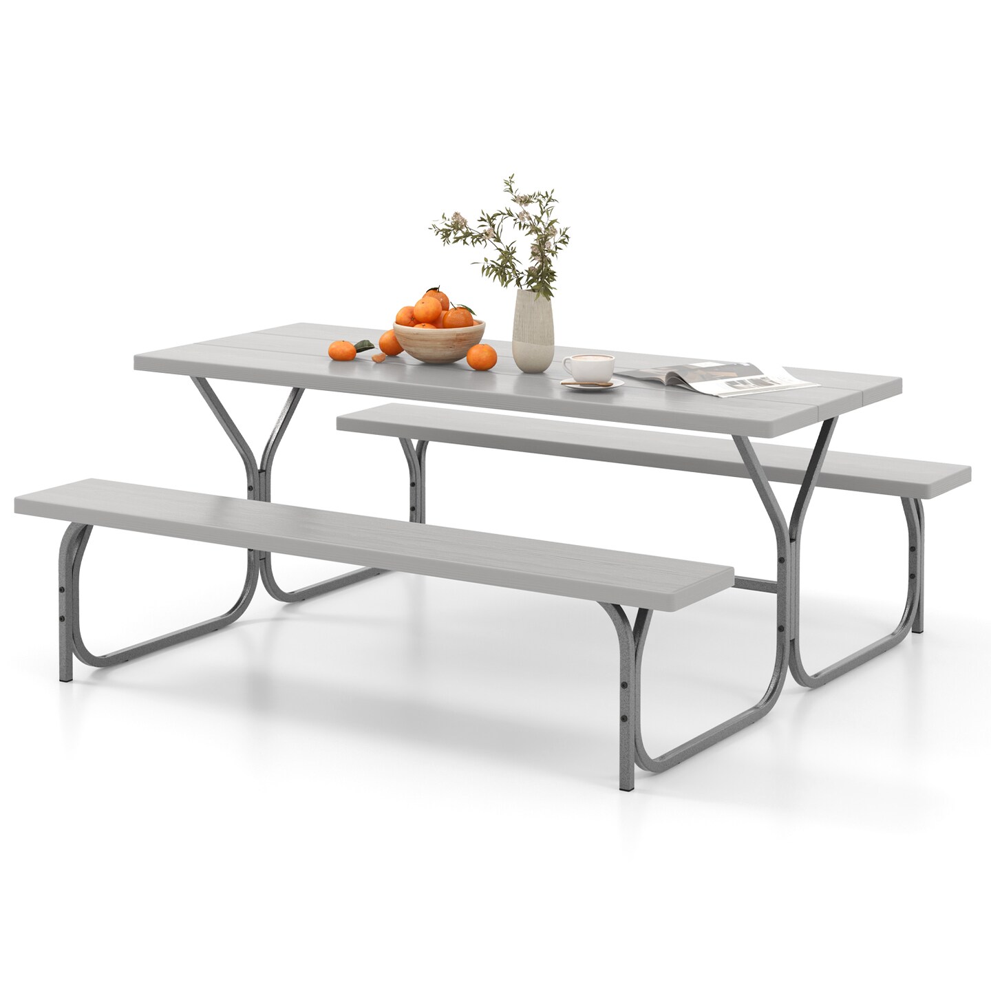 6 FT Picnic Table Bench Set Dining Table and 2 Benches with Metal Frame and HDPE Tabletop
