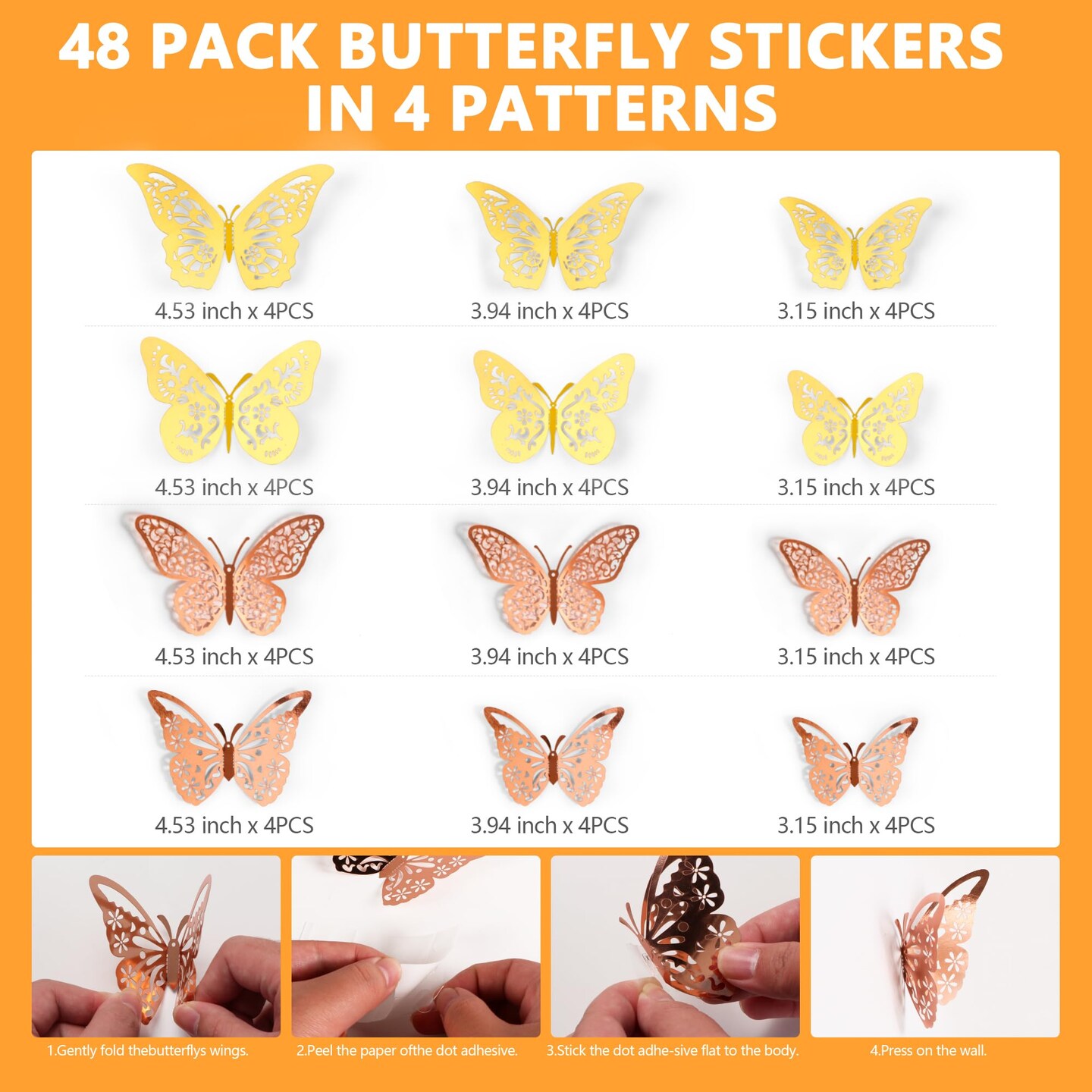 Crosize 48 Pcs Gold and Rose Gold Butterfly Decorations, 4 Styles 3 Sizes, Butterfly Wall Decor, 3D Butterfly Party Decorations, Butterflies for Crafts, Bouquet, Cake Decorating, Flower Arrangements