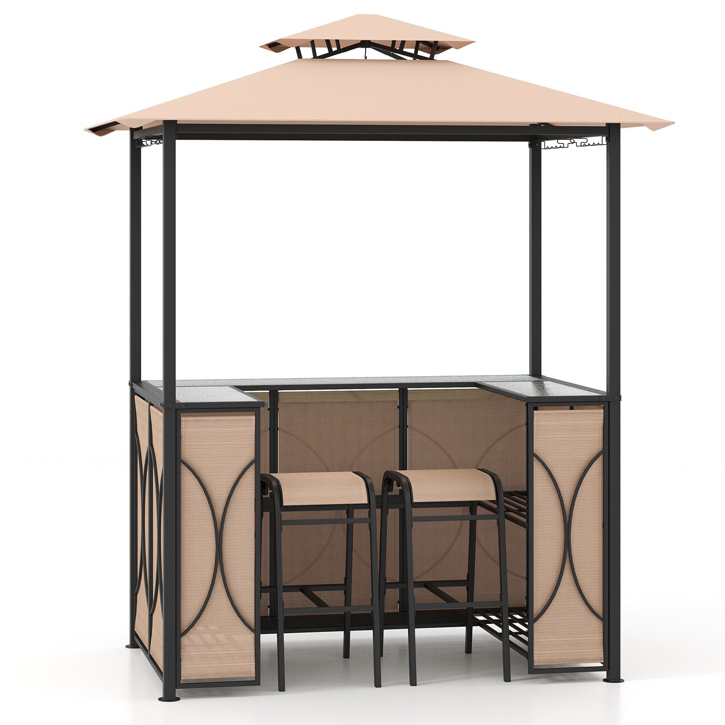 3-Piece Patio Bar Set Grill Gazebo &#x26; 2 Bar Stools with Tempered Glass Bar Table