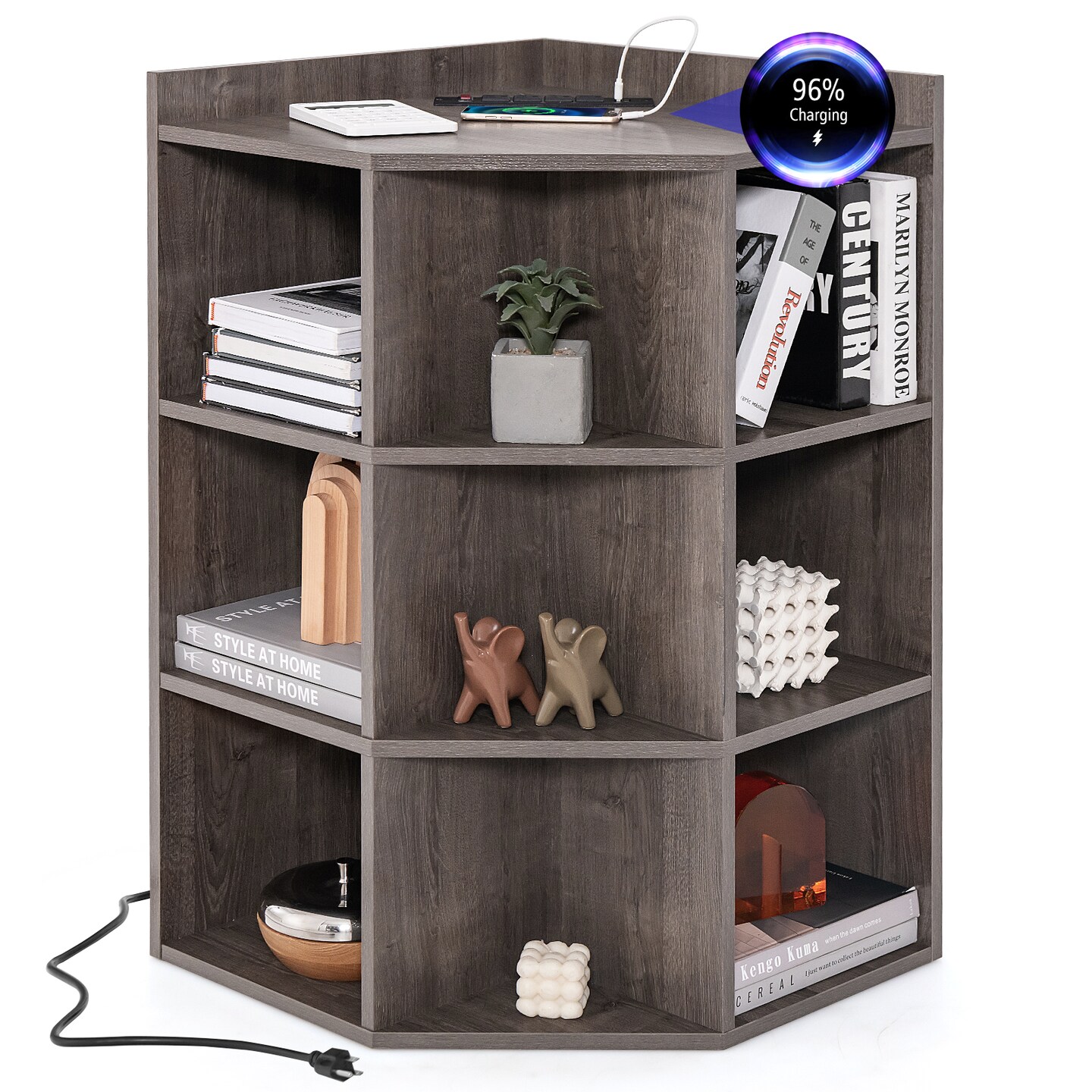 3-Tier Corner Cabinet with Charging Station for Bedroom