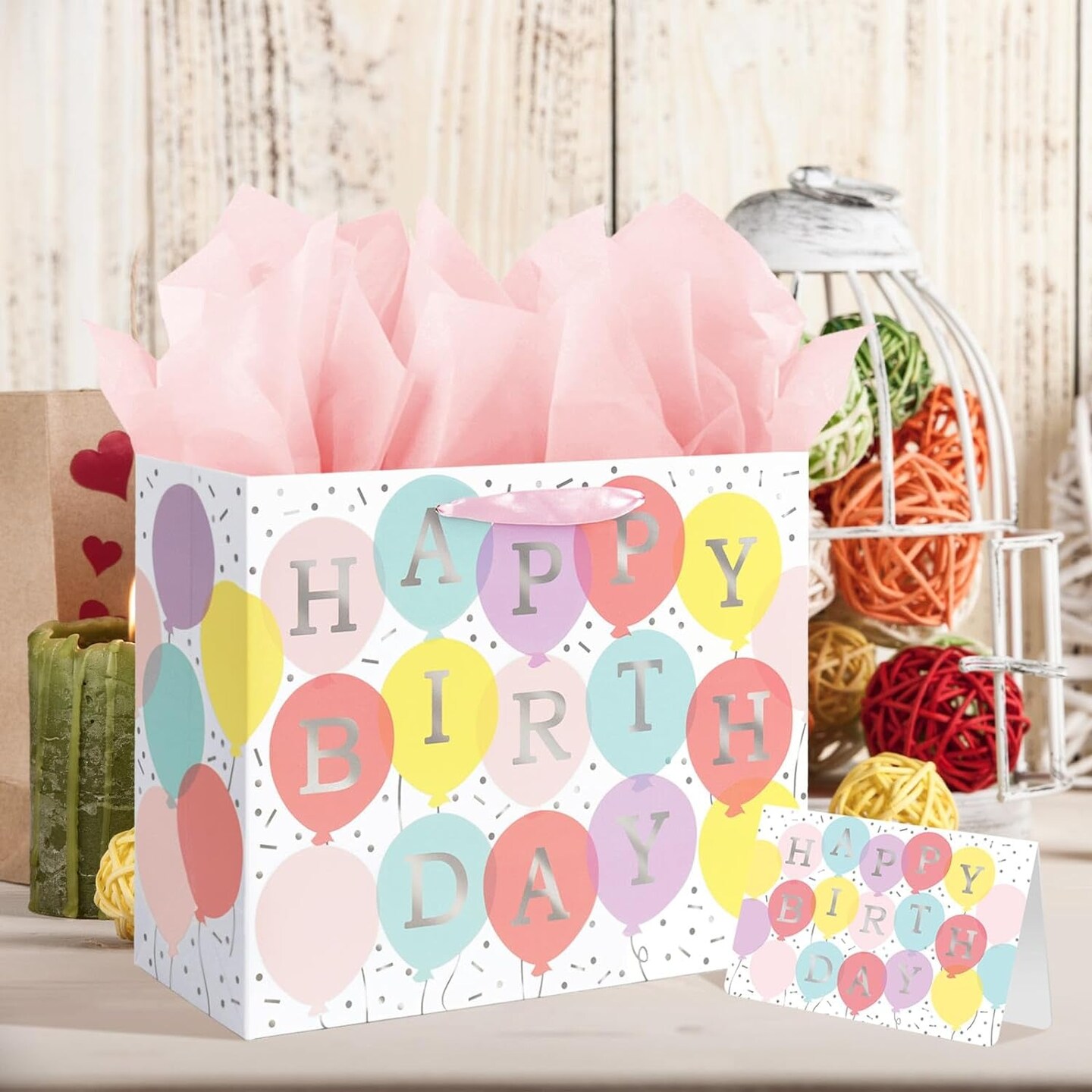 13&#x22; Large Happy Birthday Gift Bag with Tissue Paper and Card for Girls Kids Women Birthday (Colourful Balloon)