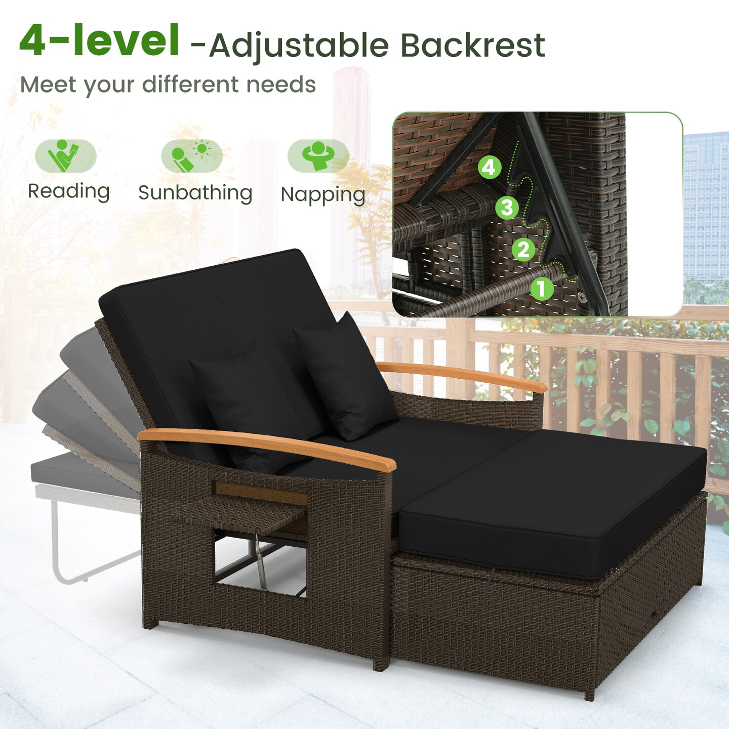 Outdoor Wicker Daybed with Folding Panels and Storage Ottoman