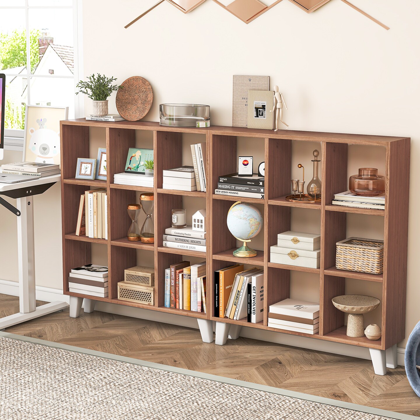 9-Cube Bookcase with 6 Removable Shelves and Raised Support Feet