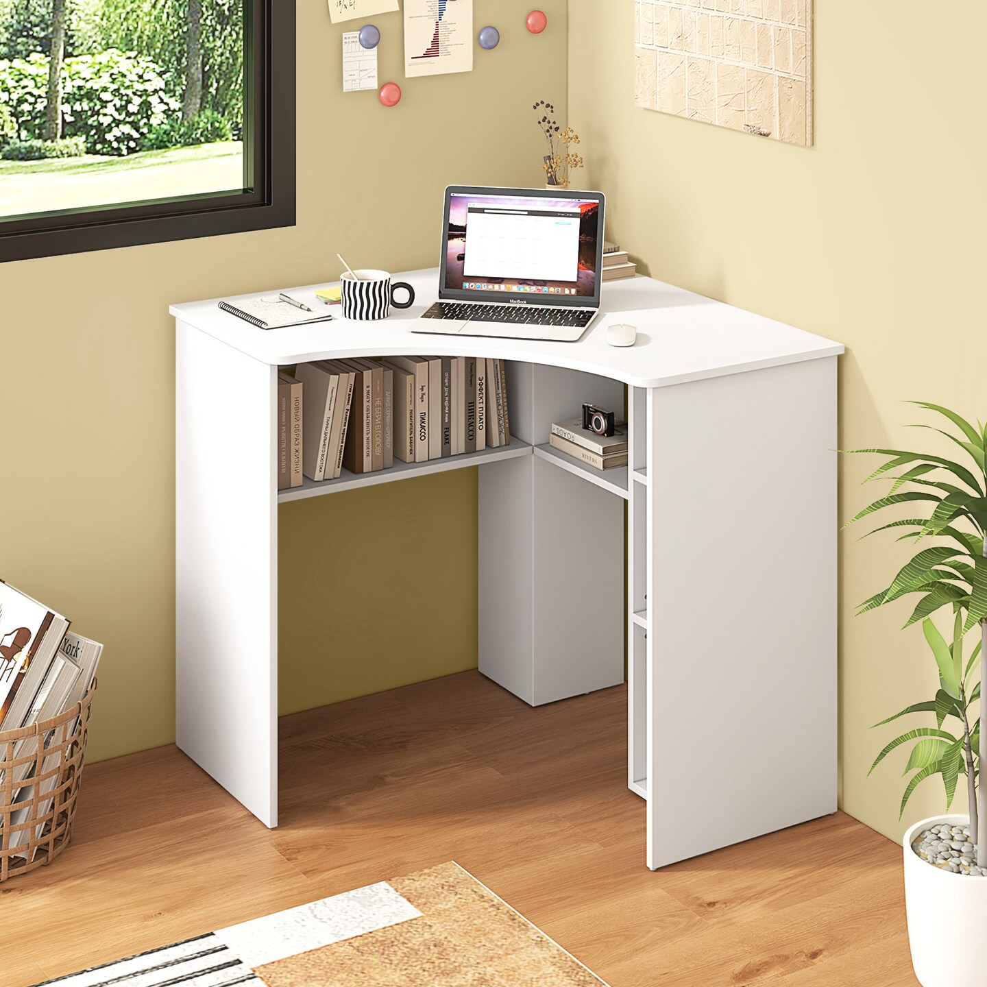 Corner Computer Desk Triangle Home Office Desk with Adjustable Shelf and Arc-Shaped Profile