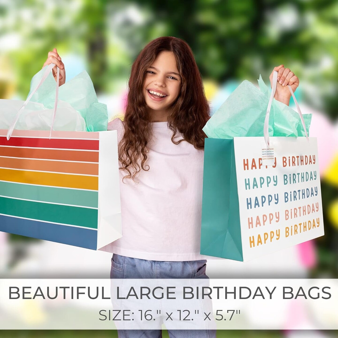Beautiful Birthday Gift Bags Set of 2 - Large 16&#x22; Bags with Handles Incl. Matching Tissue Paper, Cards &#x26; Stickers - Reusable and Perfect for Presents&#x2026;