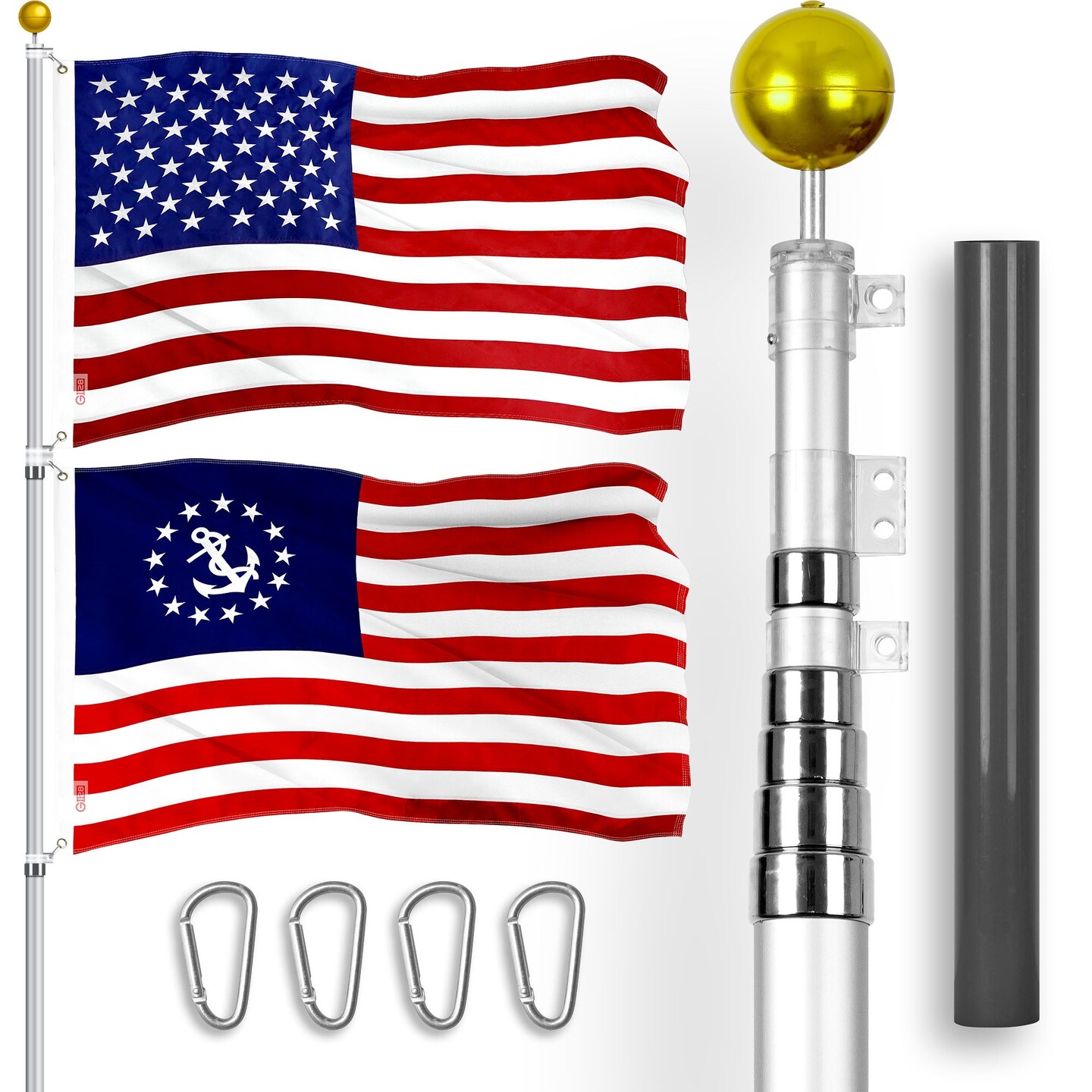 G128 Combo Pack: 20 Ft Telescoping Aluminum Flagpole (Silver) &#x26; American and USA Yacht Ensign Flags 3x5 Ft, Both ToughWeave Series Embroidered Polyester | Pole with Flags Included