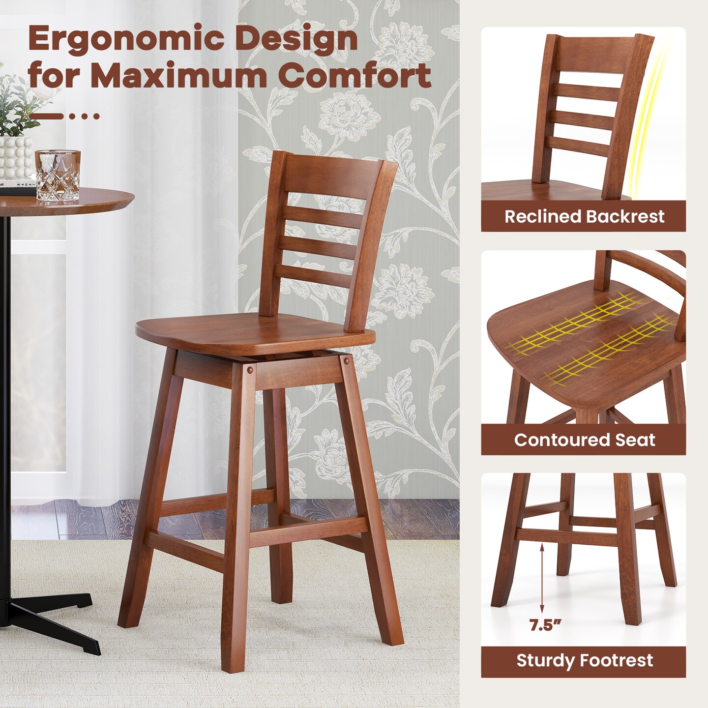 Set of 2 Counter Height Barstools with Footrest for Kitchen Island Bar - 18" x 16" x 38"