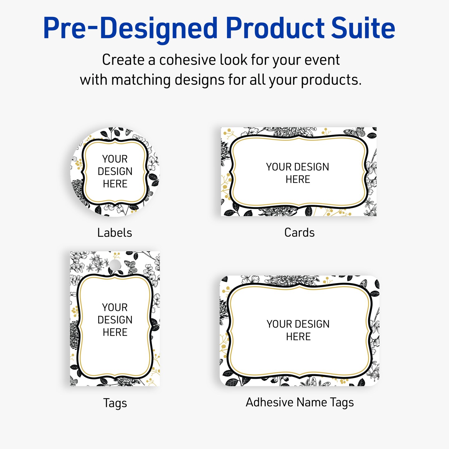 Avery Printable Square Labels, 2" x 2", Matte White, Pre-printed Flourished Gold & Black Florals Design, Sure Feed Technology, Laser & Inkjet Compatible, 240 Total