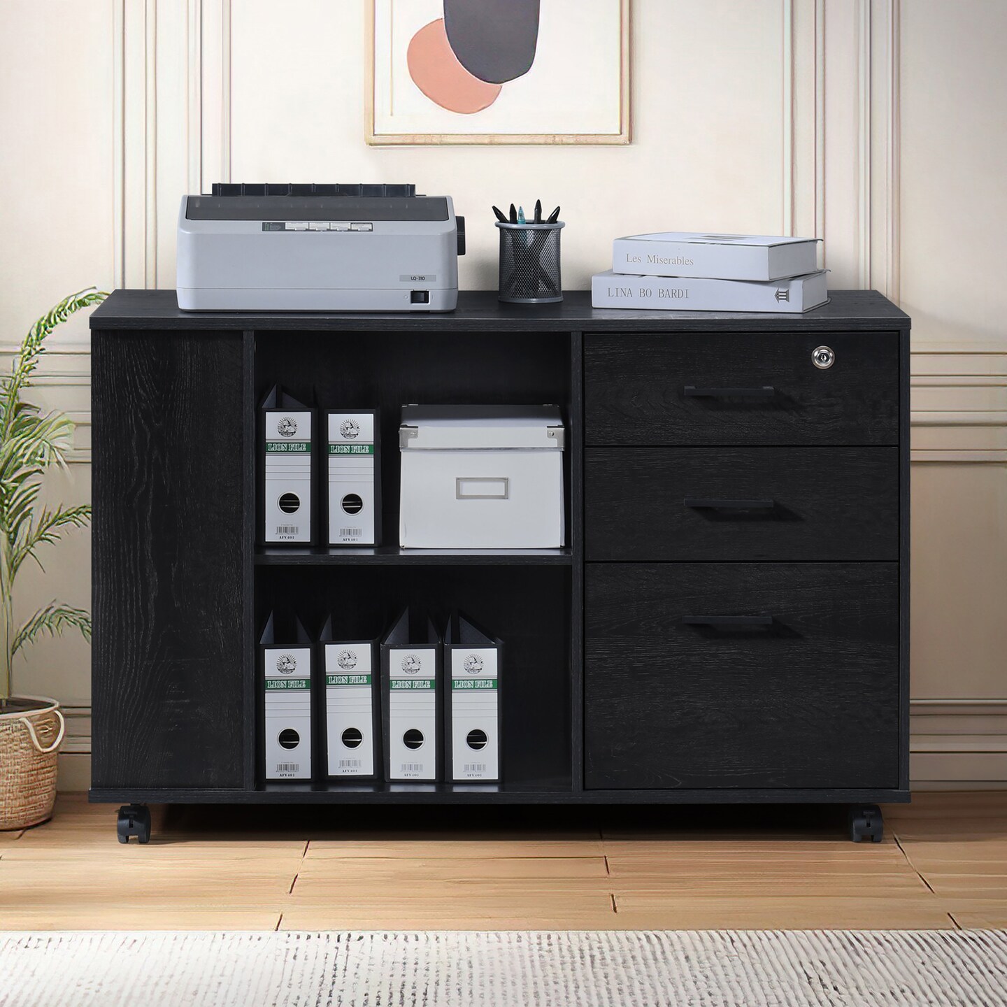 3-Drawer Black Oak Wood 39.37 In. W Lateral File Cabinet