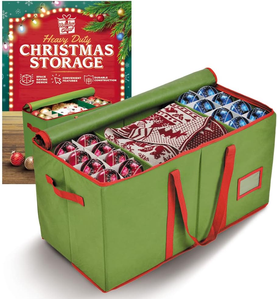 Premium Christmas Ornament Storage &#x2013; Christmas Storage Container Perfect for Holiday Decorations and Ornament Storage Box &#x2013; Fits 128 Holiday Ornaments &#x2013; Tear-Proof Fabric