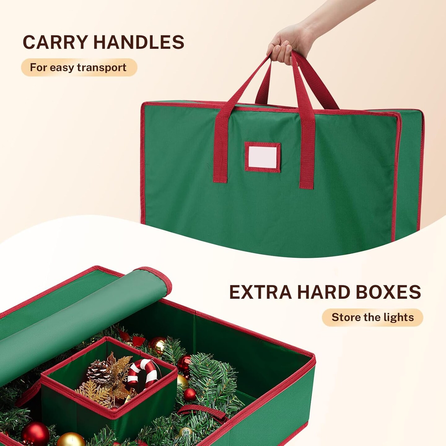 Christmas Wreath Storage Container 24 inch, Hard Shell Wreath Storage Bag with Inner Pocket, Sturdy Handles and Zippers, 600D Oxford Holiday Ornament Wreath Storage Box (GREEN, 1pc)