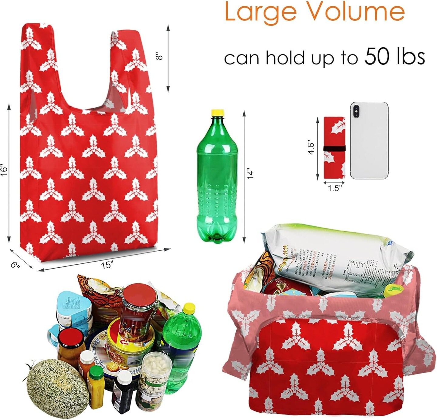 12 Pack Christmas Bags Reusable Grocery Bags Christmas Gift- 50 Lbs Foldable Polyester Totes With Elastic Band And Storage Pouch For Shopping, Kitchen, Parties Shopping Bag Tote Bags Bulk