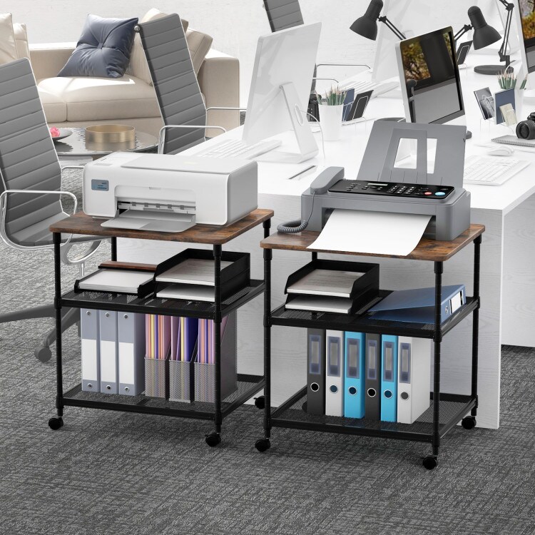 3-Tier Coffee Wooden Rolling Printer Cart with Lockable Wheels and Adjustable Storage Shelves