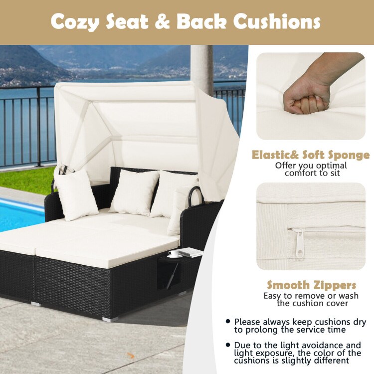 Outdoor Rattan Daybed With Canopy PE Wicker Patio Lounge Sofa Set With Cushions Poolside Garden Double Sun Bed Furniture