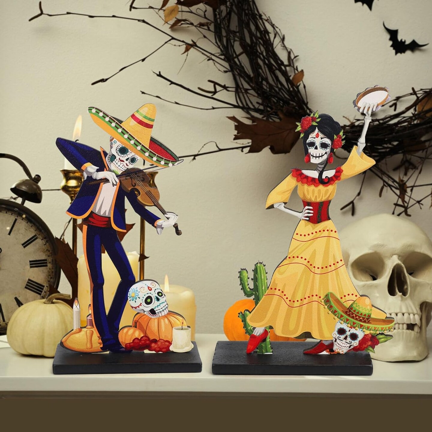 4 Pieces Day of The Dead Table Top Decorations Wooden Halloween Sign for Mexican Fiesta Decorations
