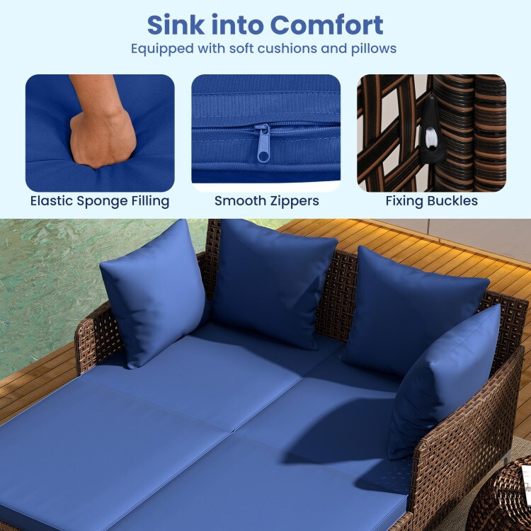 2-Person Patio Rattan Daybed with Soft Cushions and Heavy-Duty Metal Frame Relaxation Lounger