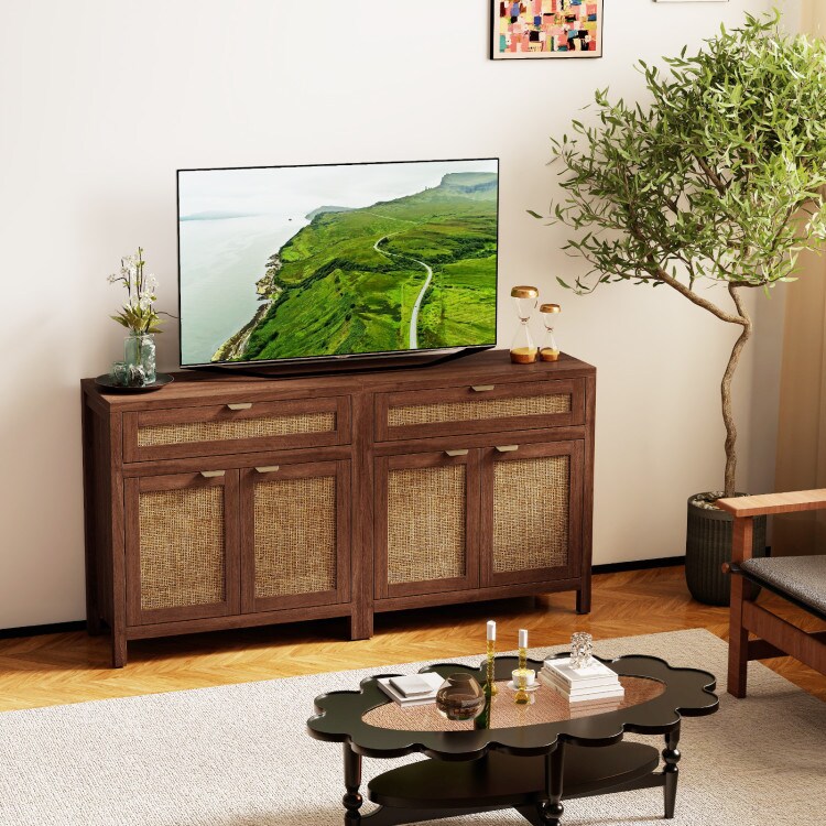 Brown-Natural Wood Sideboard Cabinet with Rattan Accents and Adjustable Shelf