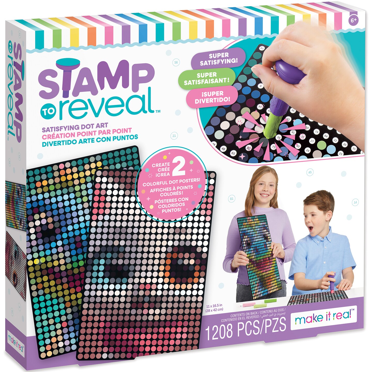 Make It Real: Stamp To Reveal: 2 Characters - Cool Cat & Smily Dino - DIY 2 Dot Posters, 11 x 16.5", Craft Kit, Artwork Activity, Girls & Kids Ages 6+