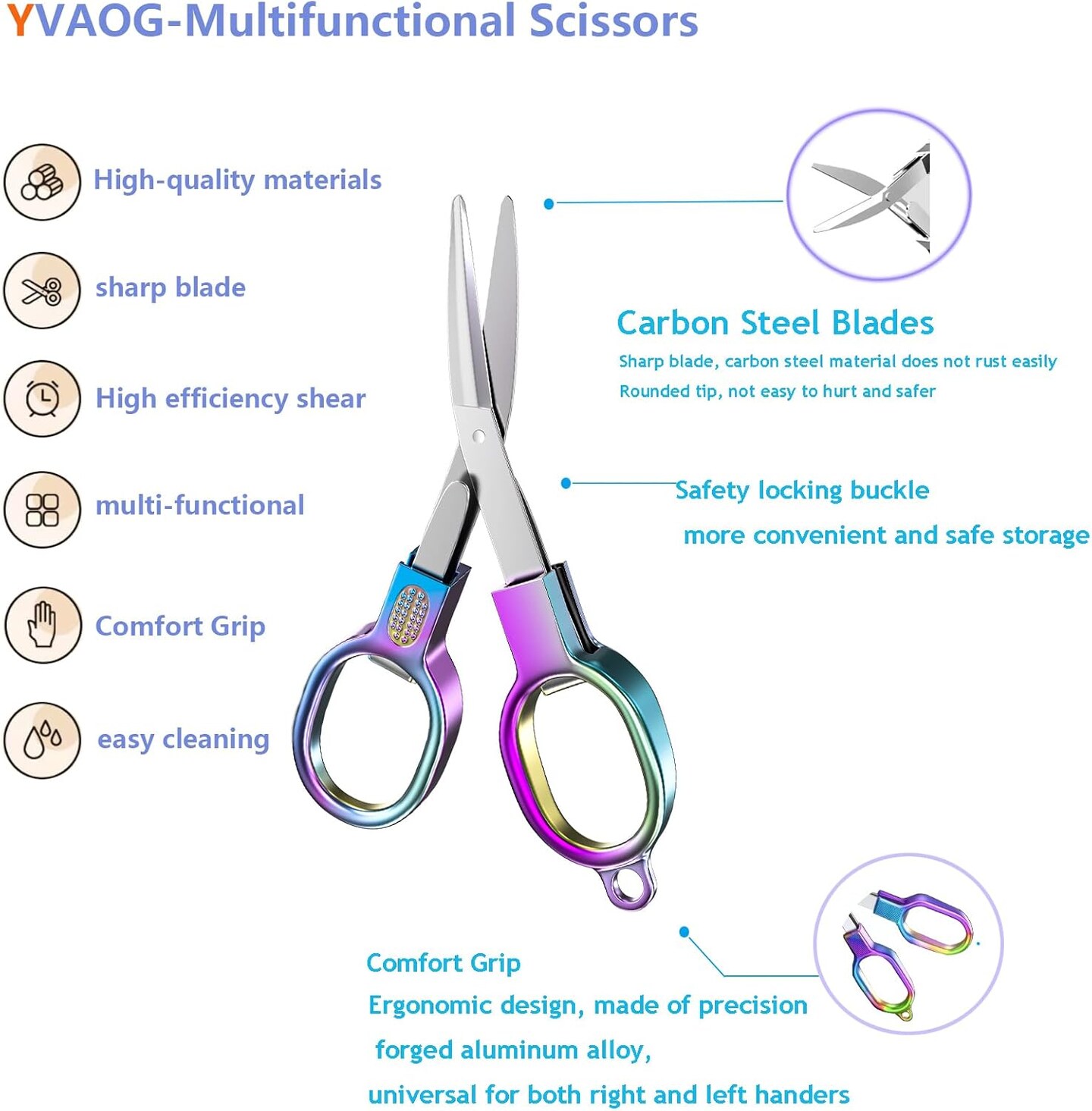 2PCS Folding Scissors Stainless Steel Safety Portable Mini Travel Small Scissors (Colored Titanium) 4.5"L x 2.2"W