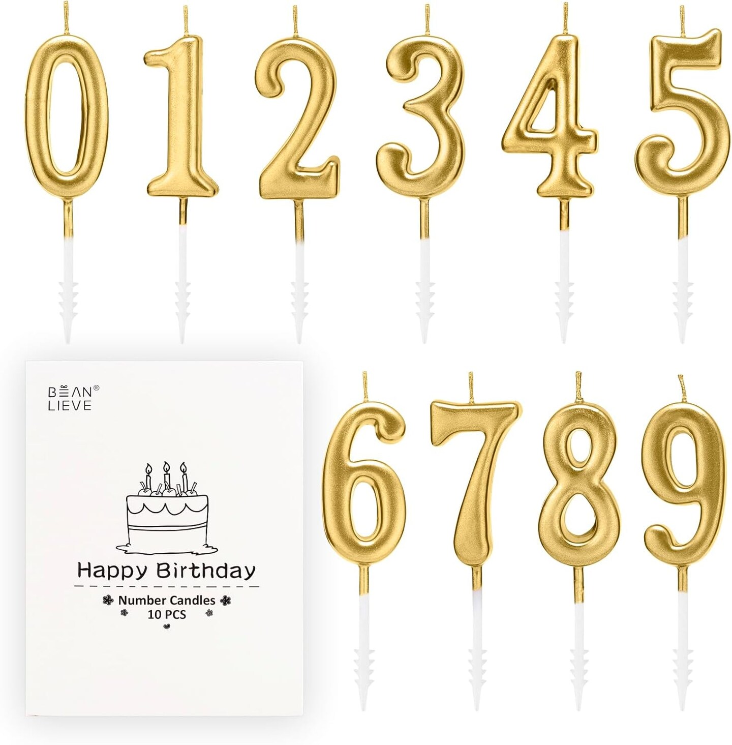 10-Pieces Numeral Birthday Cake Candles (Champagne Gold) 0.9"W x 4.33"H