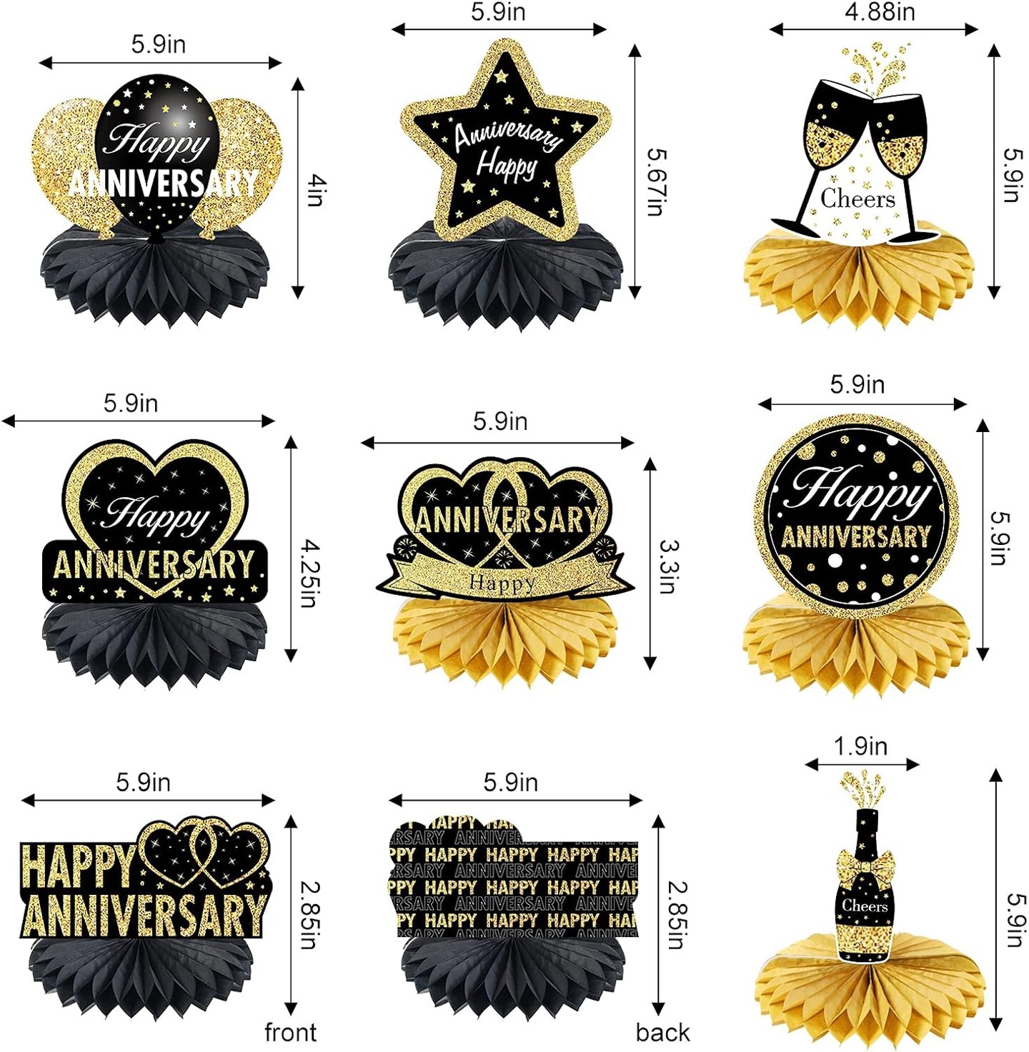 8pcs Happy Anniversary Honeycomb Table Centerpiece (Black, Gold)