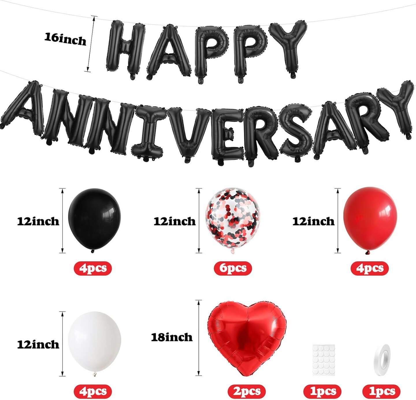 Anniversary Decorations – Foil Balloon Banner with Confetti and Heart Balloons (Black Red)