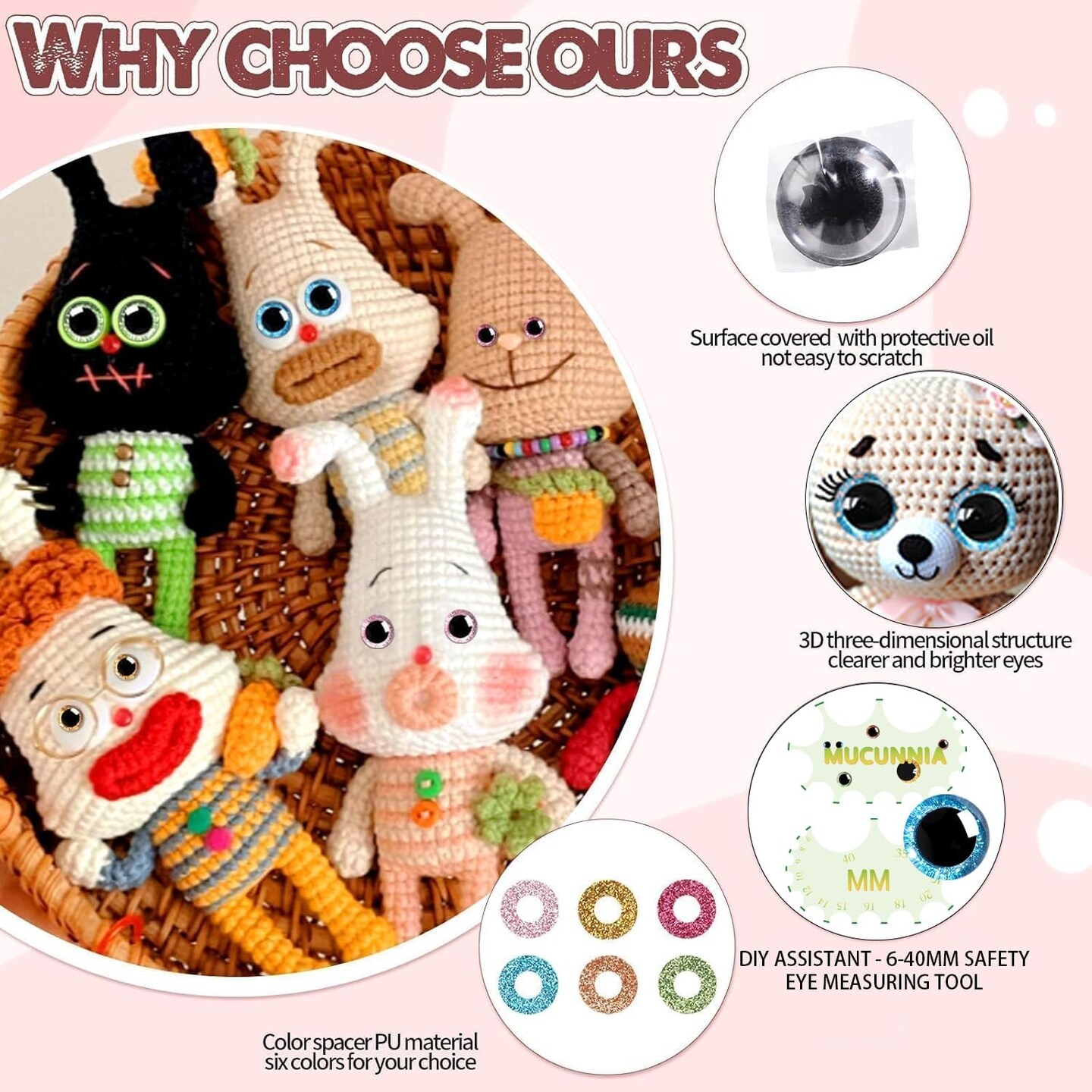 180 Pcs 3D Glitter Safety Eyes for Amigurumi with Washers 12-30mm Trapezoid Safety Eyes for Crochet Animals Doll