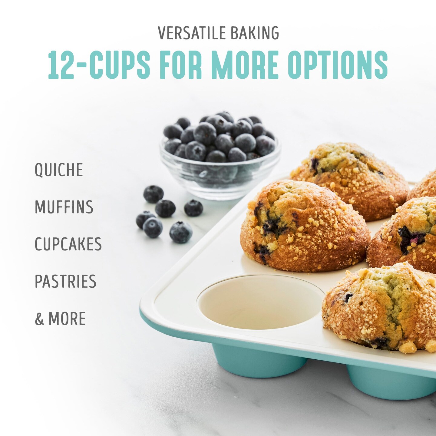 12-Cup Muffin Pan, PFAS-Free Healthy Nonstick Baking Tray, 11.4" x 1.9" x 15.9", Durable Ceramic Bakeware, Cupcakes, Egg Bites, Tarts, Brownies, Turquoise
