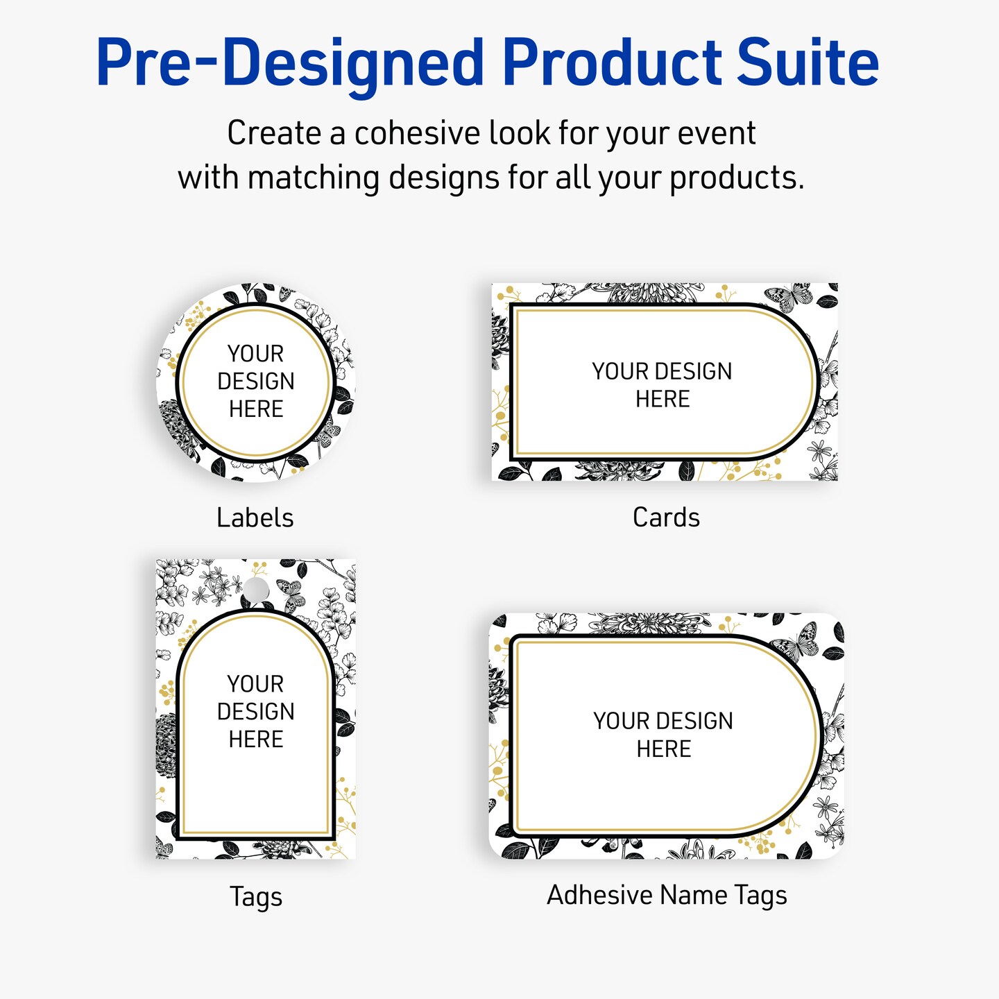 Avery Printable Rectangle Labels, 4" x 3-1/3", Matte White, Pre-printed Arched Gold & Black Florals Design, Sure Feed Technology, Laser & Inkjet Compatible, 80 Total