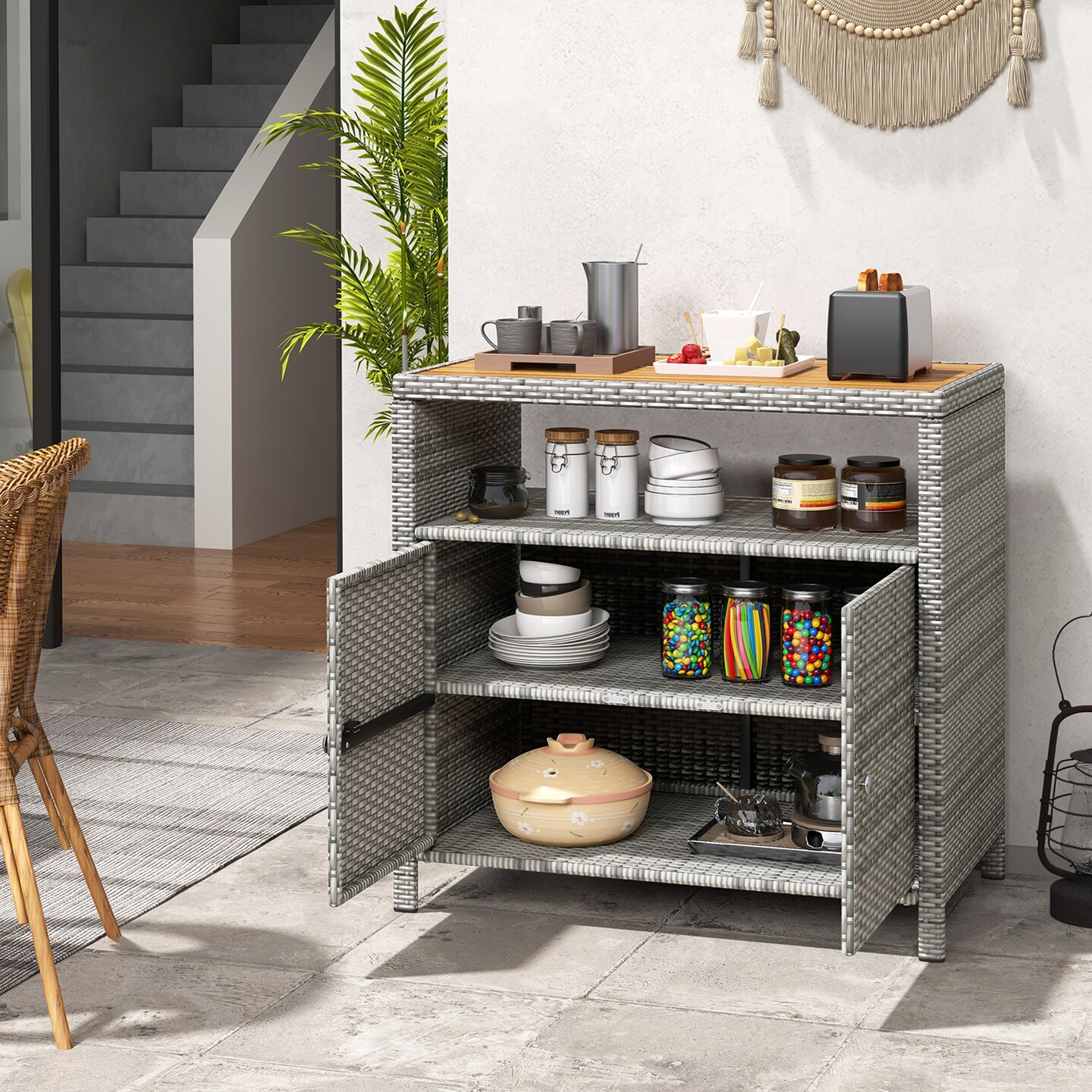 Rattan Storage Cabinet with Acacia Wood Countertop for Poolside Deck and Patio