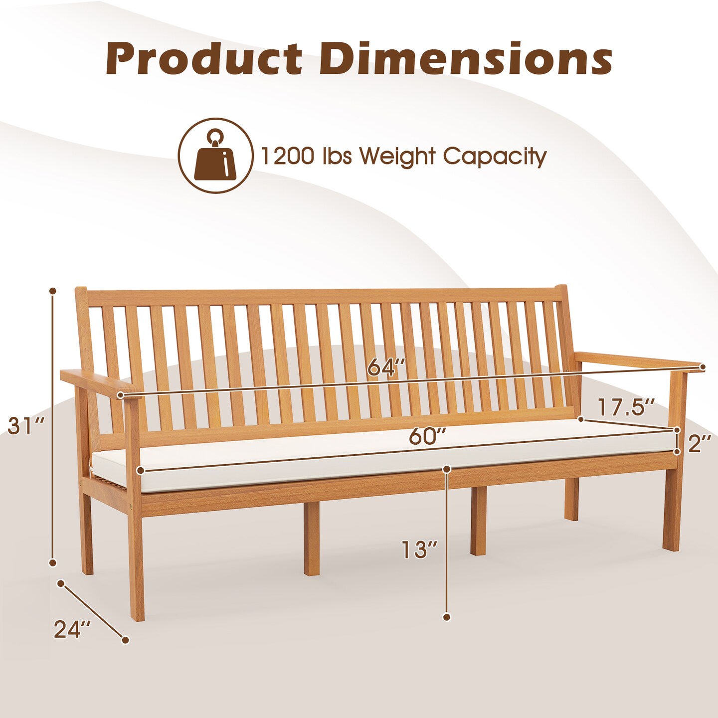 Outdoor 3-Seat Wood Bench with Seat Cushion and Slatted Seat
