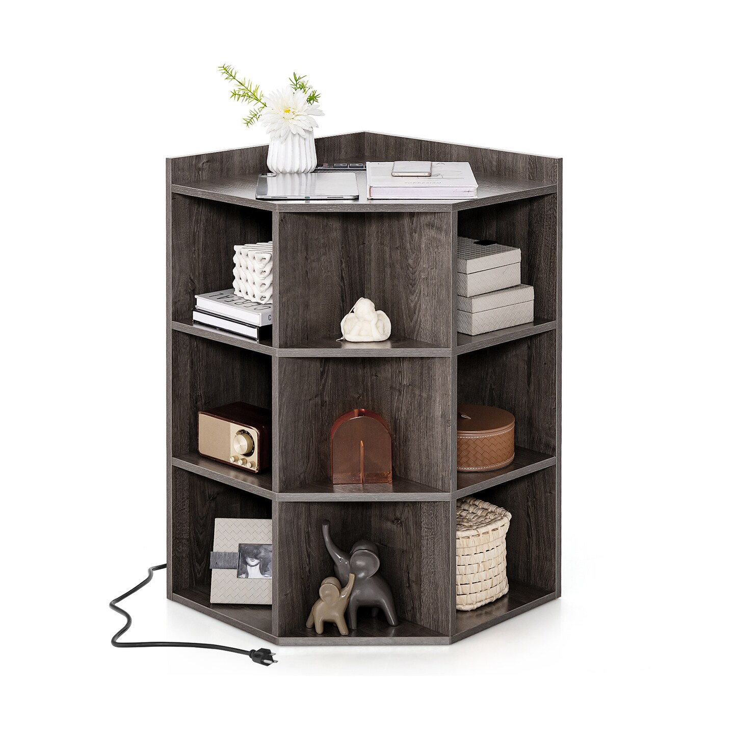 3-Tier Corner Cabinet with Charging Station for Bedroom