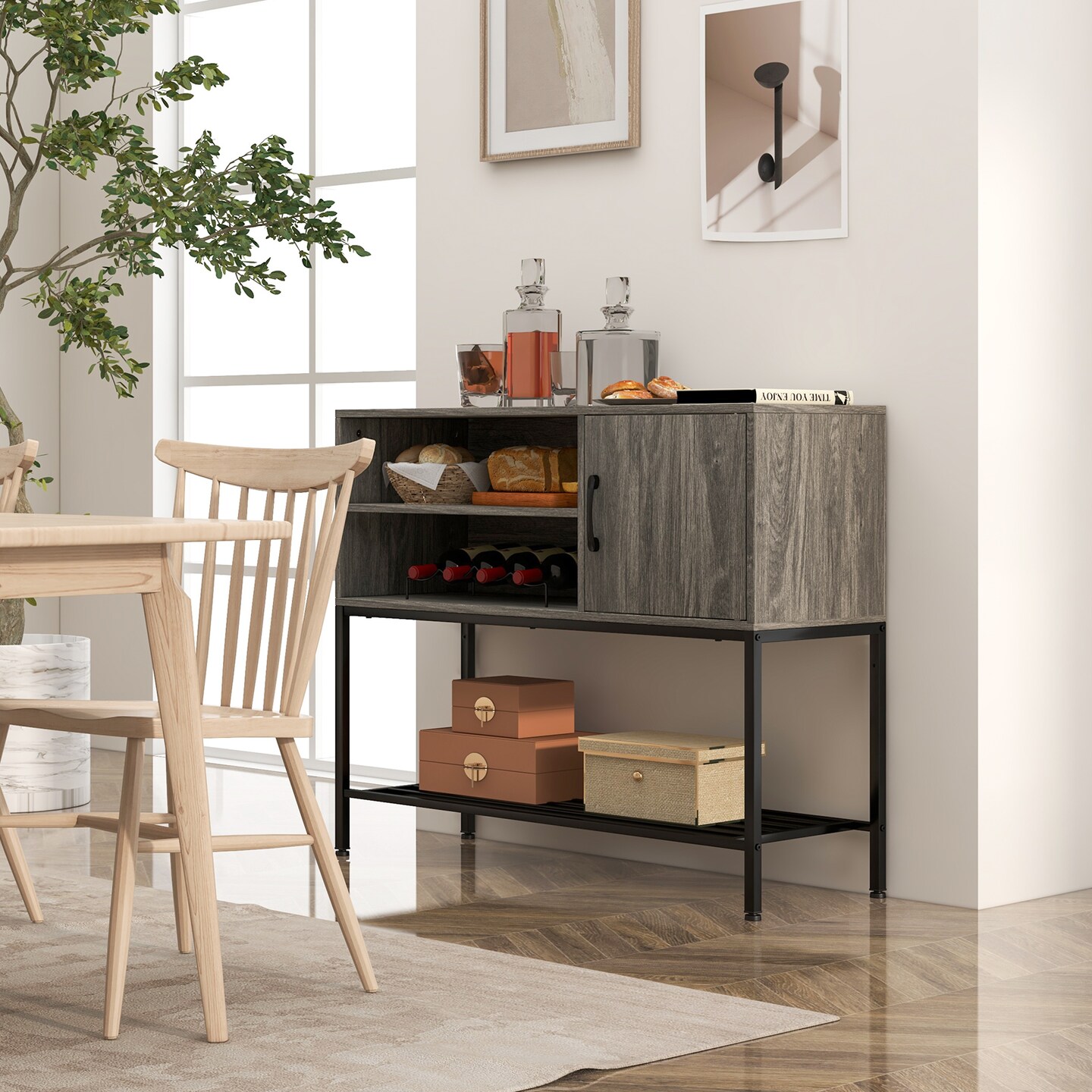 Buffet Sideboard Coffee Bar Cabinet with Power Outlets and USB Ports-Grey