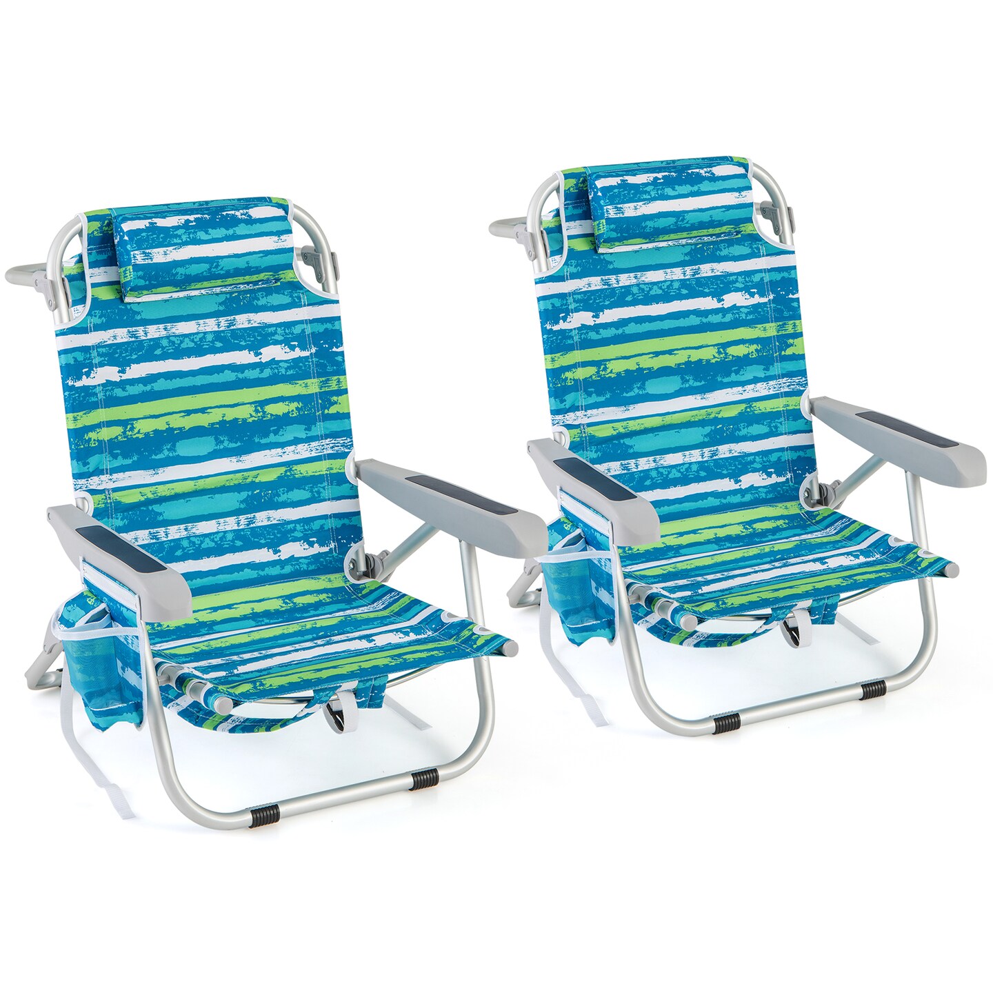 Foldable Backpack Beach Chair with Cup Holder and Storage Pockets for Outdoor-Blue and Green