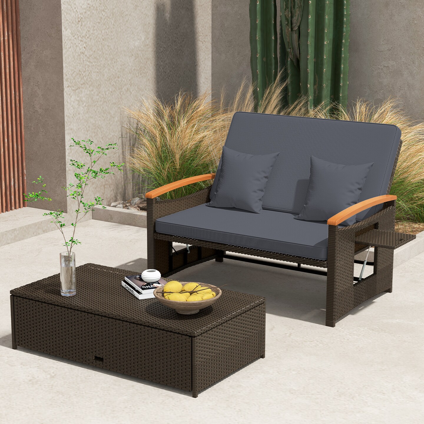 Convertible Patio Rattan Loveseat Daybed Set with Storage Ottoman