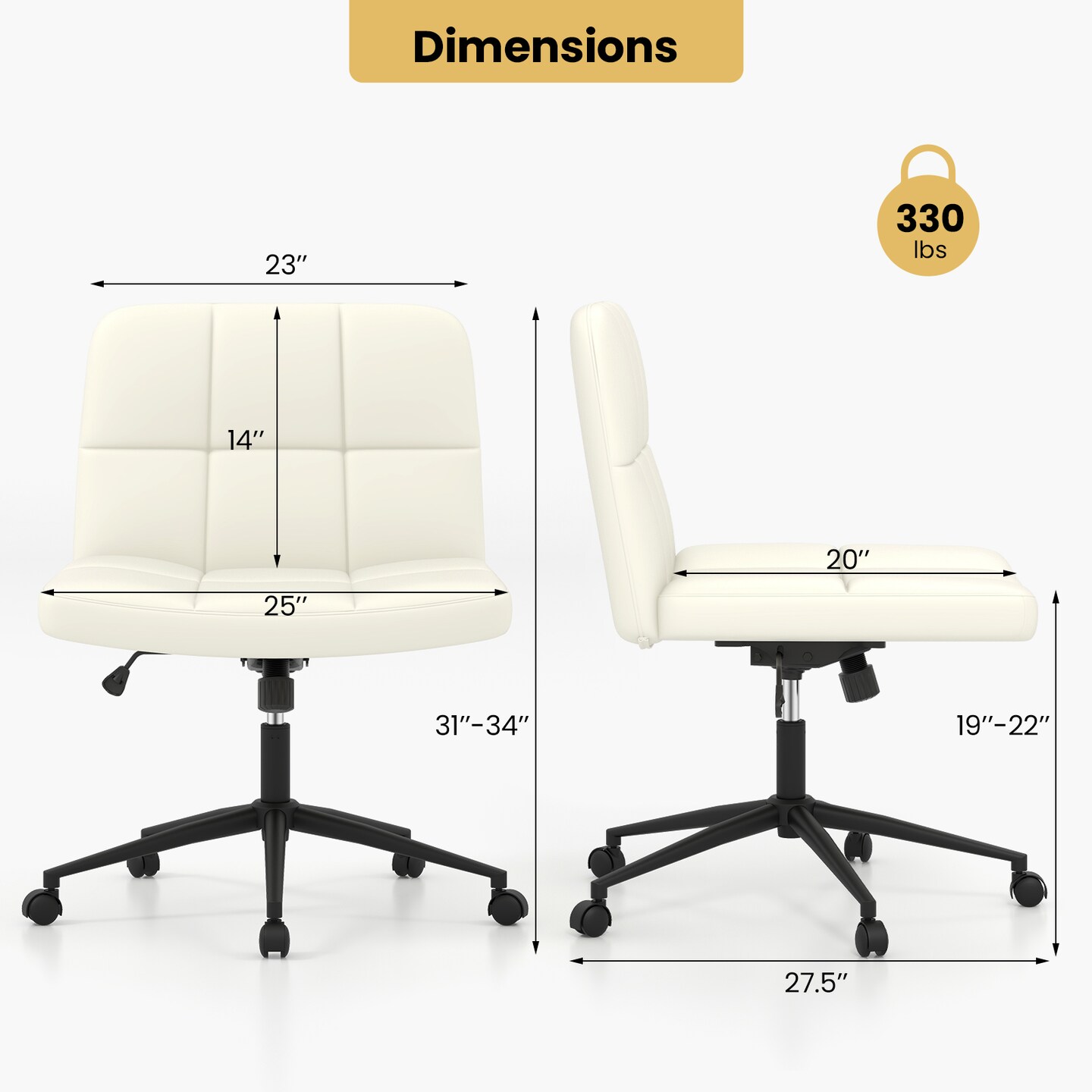 Height-Adjustable Armless Desk Chair with Wheels for Home Office or Vanity