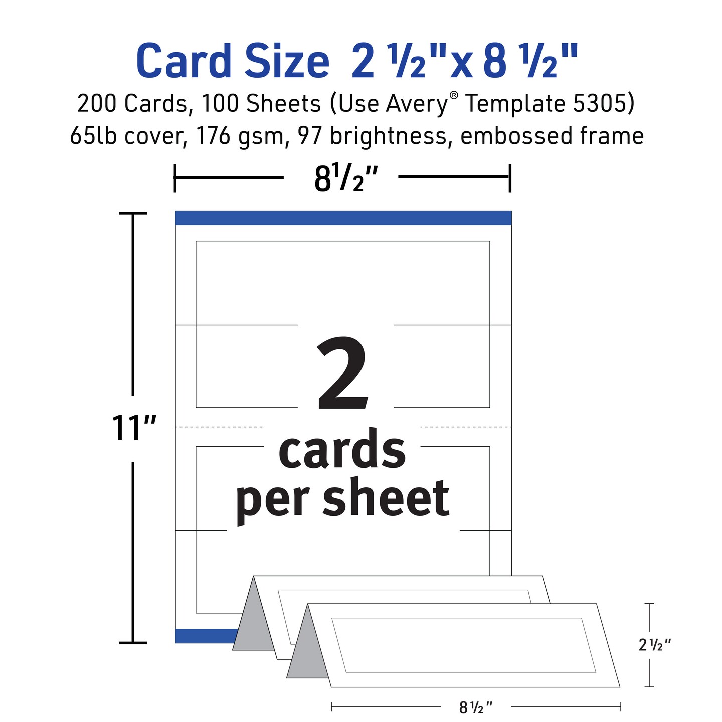 Avery Printable Tent Cards with Sure Feed Technology, 2.5&#x22; x 8.5&#x22;, White with Embossed Border, 2-Pack, Total of 200 Blank Place Cards for Laser or Inkjet Printers (25305)