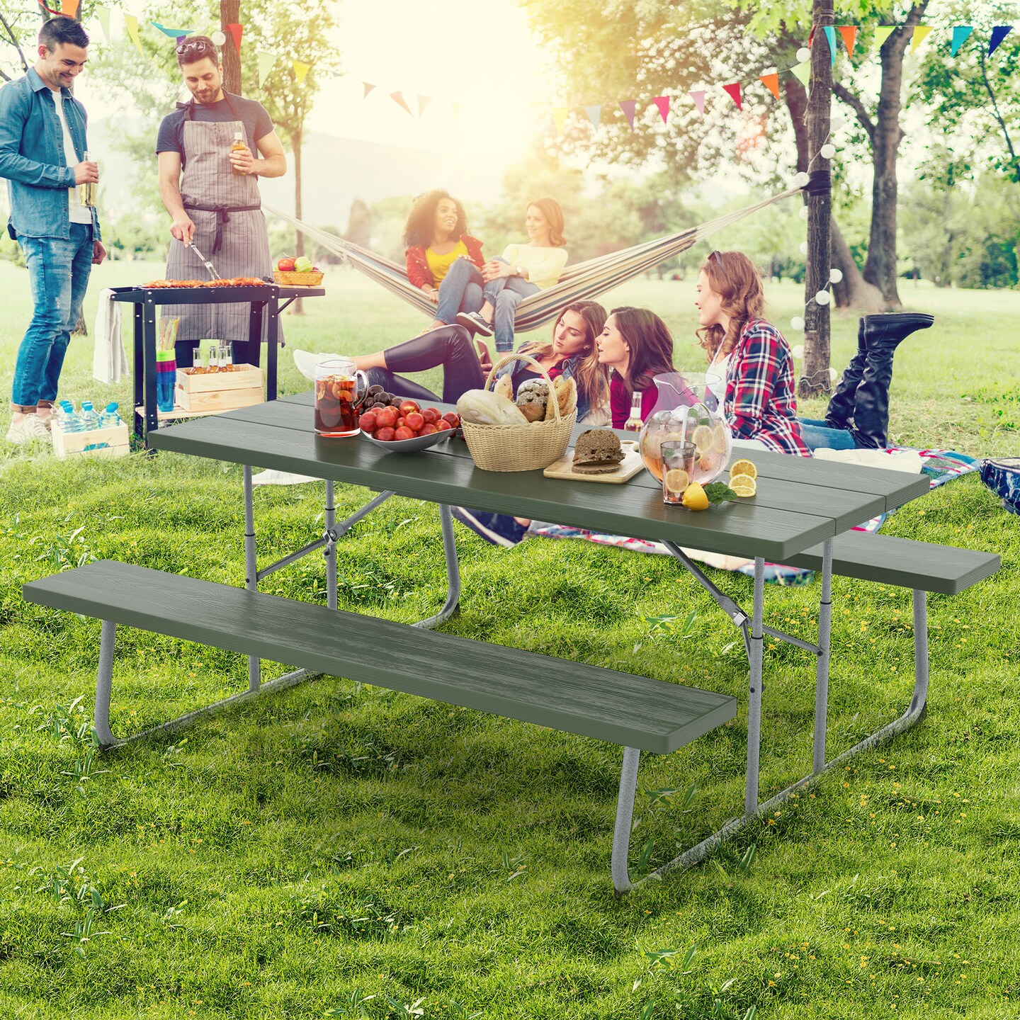 Folding Picnic Table Set with Metal Frame and All-Weather HDPE Tabletop, Umbrella Hole - 72&#x22; x 64&#x22; x 29&#x22; (L x W x H)