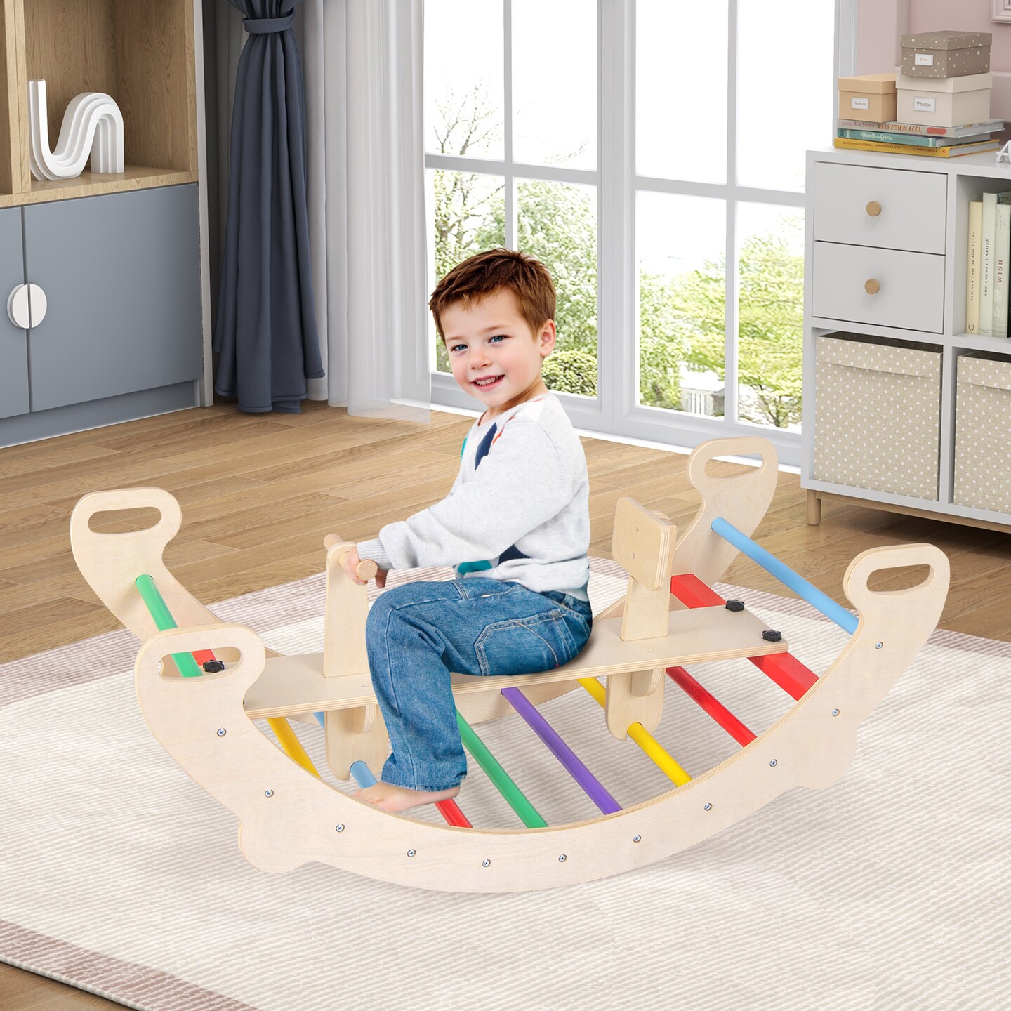 4-in-1 Multifunctional Wooden Climbing Toys with Rocker and Crawling Tunnel - 48&#x22; x 20.5&#x22; x 17.5&#x22; (L x W x H)