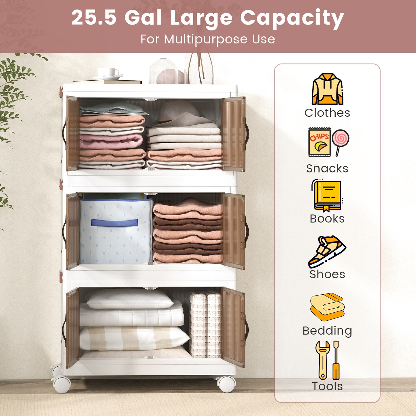 3 Tier Plastic Stackable Storage Bins with Doors and Wheels for Closet and Bedroom