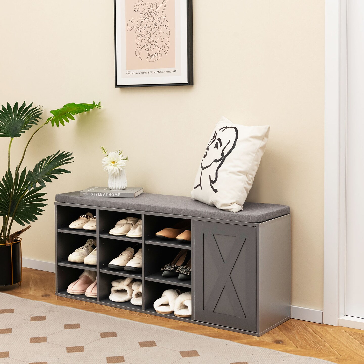 9-cube Shoe Bench with Adjustable Shelves and Removable Padded Cushion