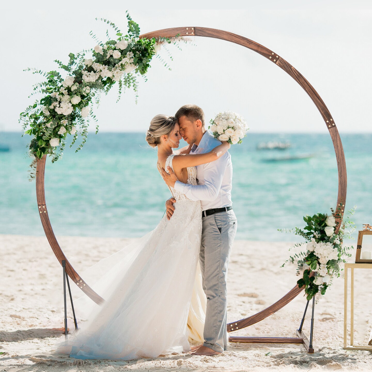 Rustic Brown Wooden Wedding Arch with Fir Wood Frame and Metal Stakes for Outdoor Events