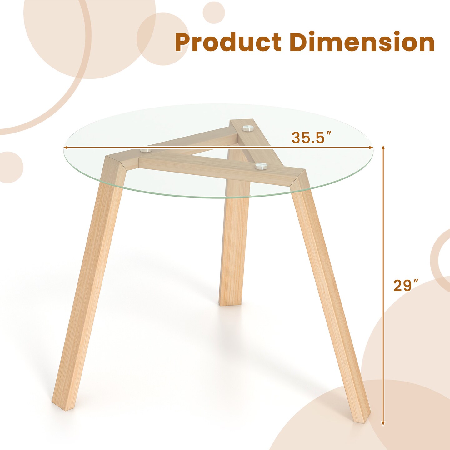 36 Inches Round Glass Dining Table for 4 with Rubber Wood Frame-Natural - 36&#x22; x 36&#x22; x 29&#x22;