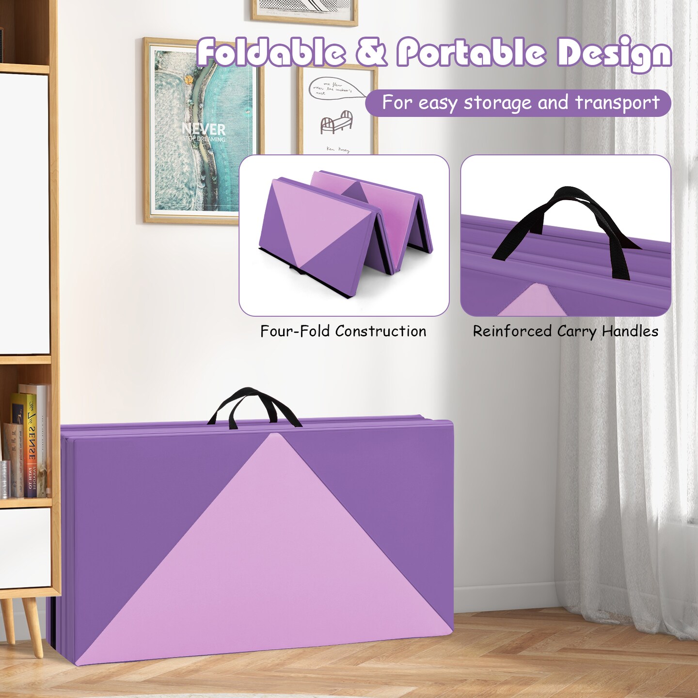 8 Feet PU Leather Folding Gymnastics Mat with Removable Zippered Cover and Hook and Loop Fasteners