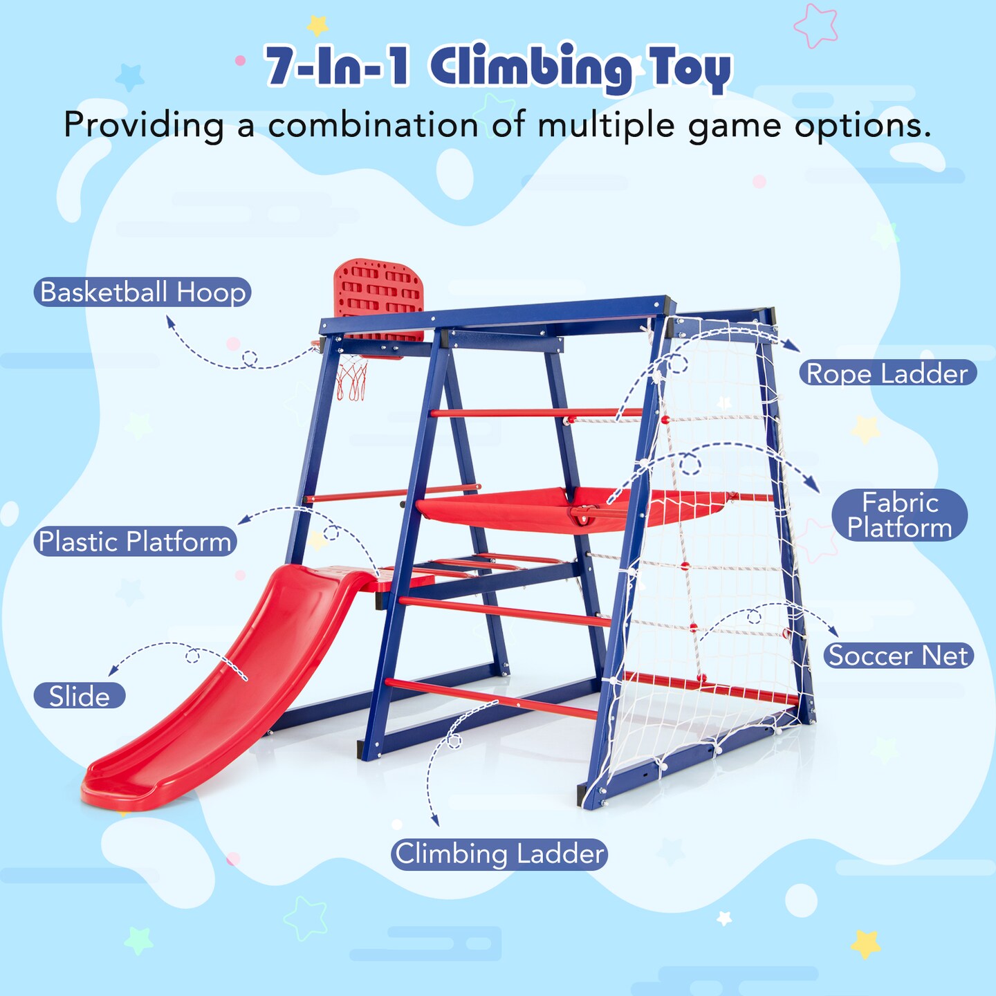 7-In-1 Metal Toddler Climbing Toys for 3-7 Years Old - 59&#x22; x 56&#x22; x 57.5&#x22; (L x W x H)