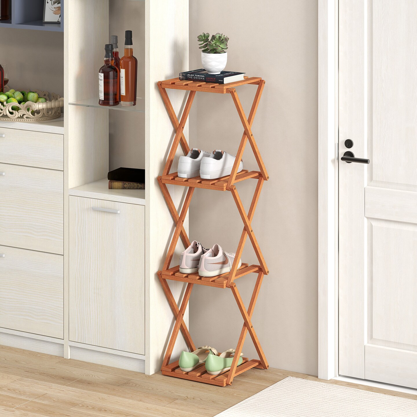 4-Tier Folding Plant Rack and Free Standing Shoe Rack - 15&#x22; x 12&#x22; x 48.5&#x22; (L x W x H)